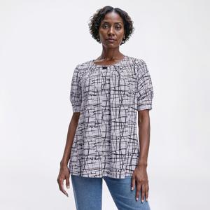 Womens Notations Short Puff Sleeve Abstract Bar Neck Blouse